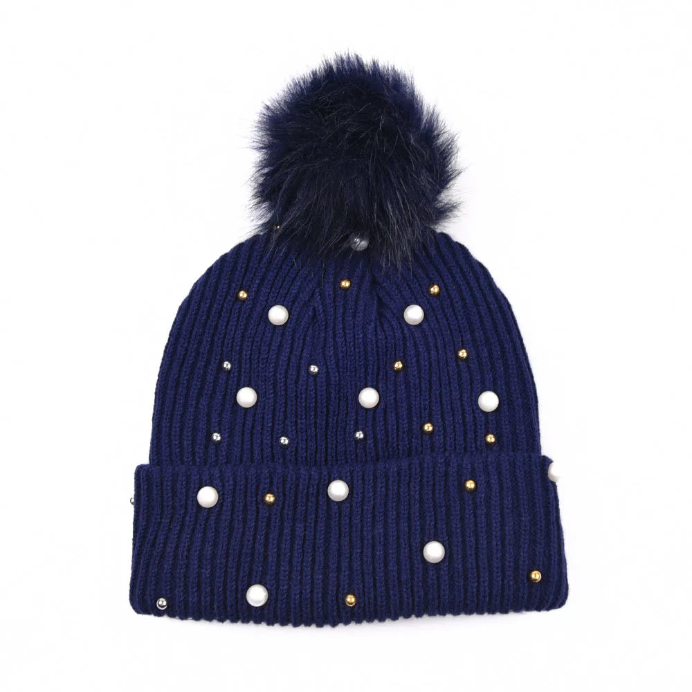 Sparkly Beaded Winter Pom Pom Hat