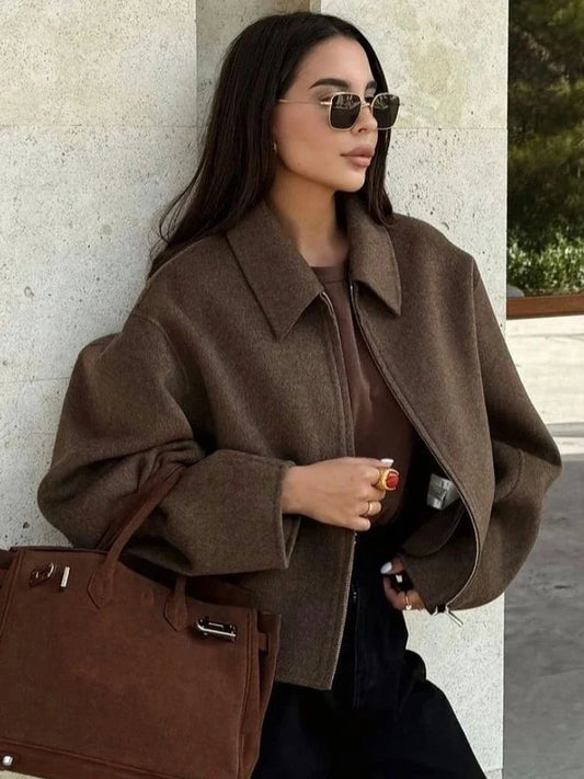 Classic Tan Wool Zipper Coat - VogeLuxe