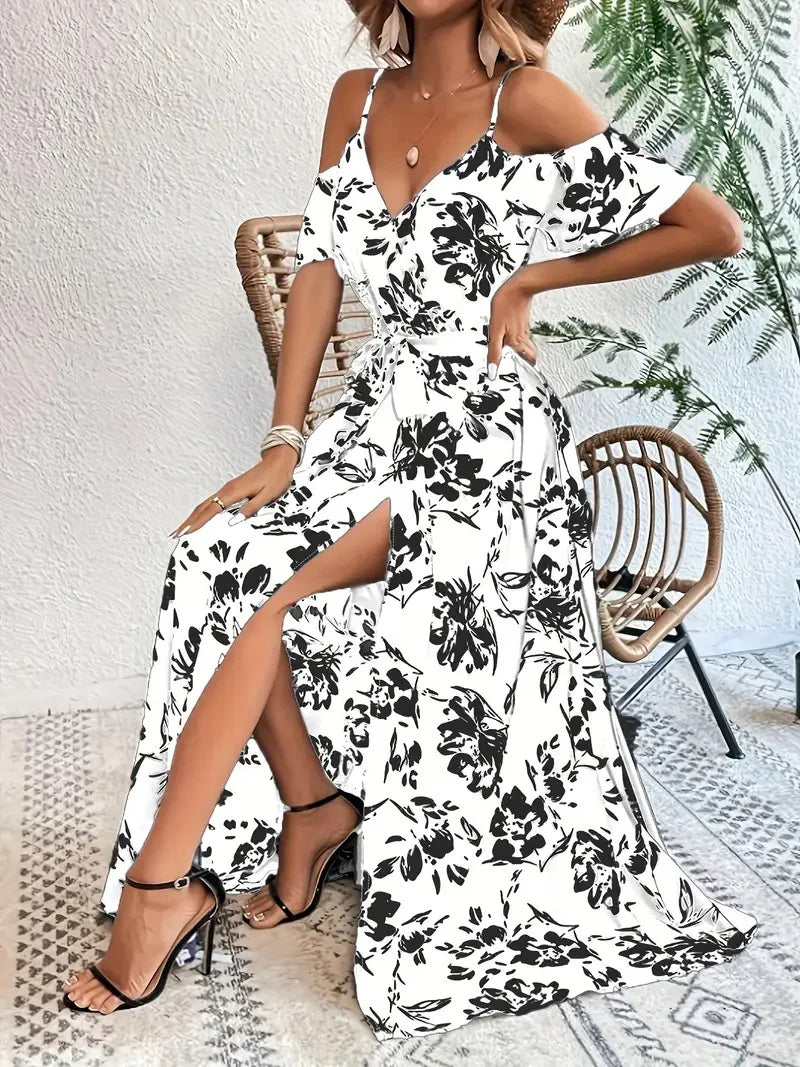 Flowy Floral Off Shoulder Long Maxi Dress for Women