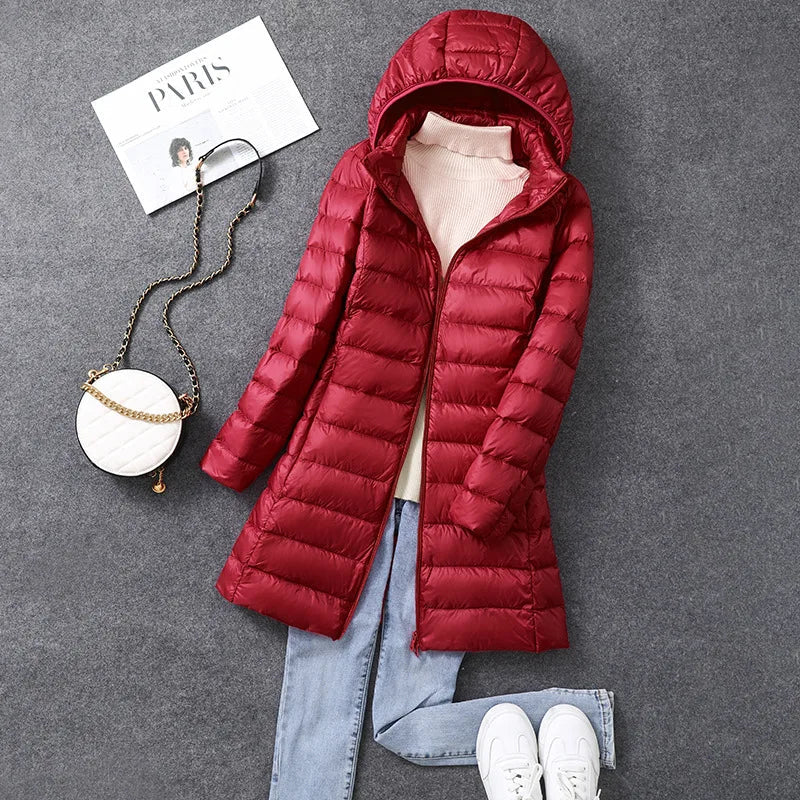 Long Women's Office Parka Detachable Fur Hat Coat