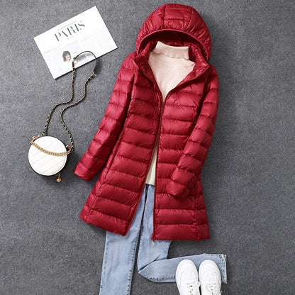 Long Women's Office Parka Detachable Fur Hat Coat