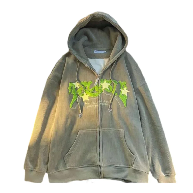 Trendy Ladies Zip Up Embroidered Hoodie – Large Streetwear