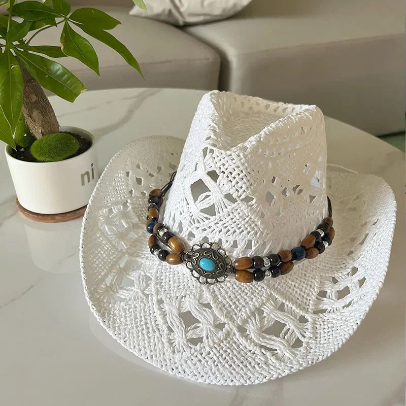 Rustic Natural Fiber Cowboy Hat - Brown Wooden Beads