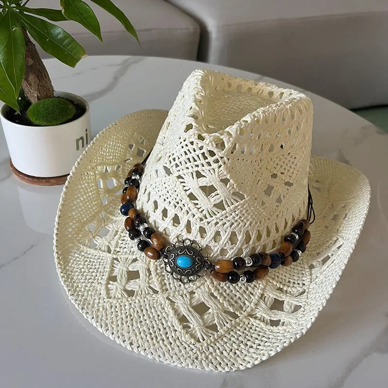 Rustic Natural Fiber Cowboy Hat - Brown Wooden Beads