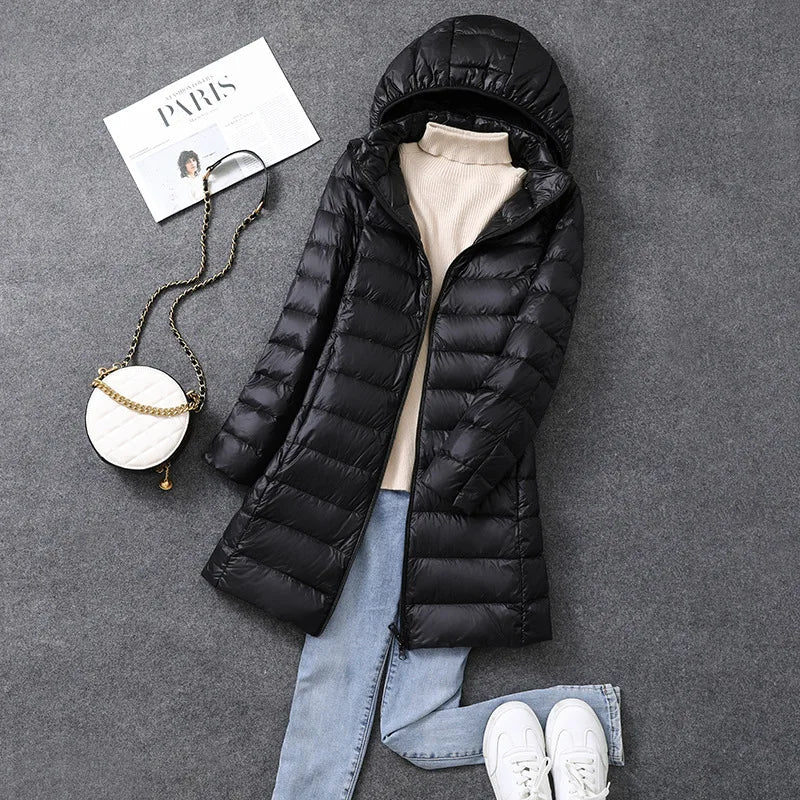 Long Women's Office Parka Detachable Fur Hat Coat