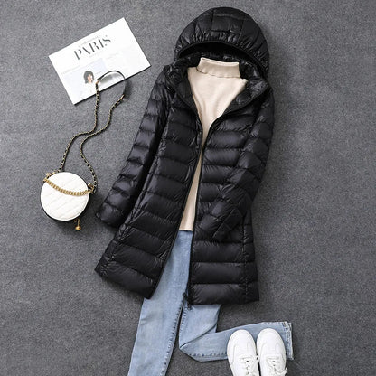 Long Women's Office Parka Detachable Fur Hat Coat