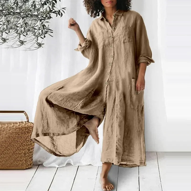 Women's Classic Flowy Maxi Dress with Front Buttons