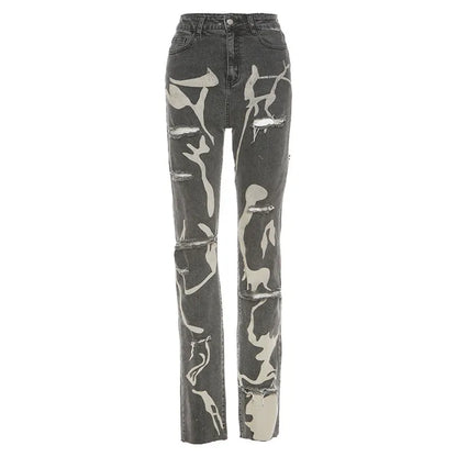 Fashionable Distressed Women's Jeans with Rips and Fading