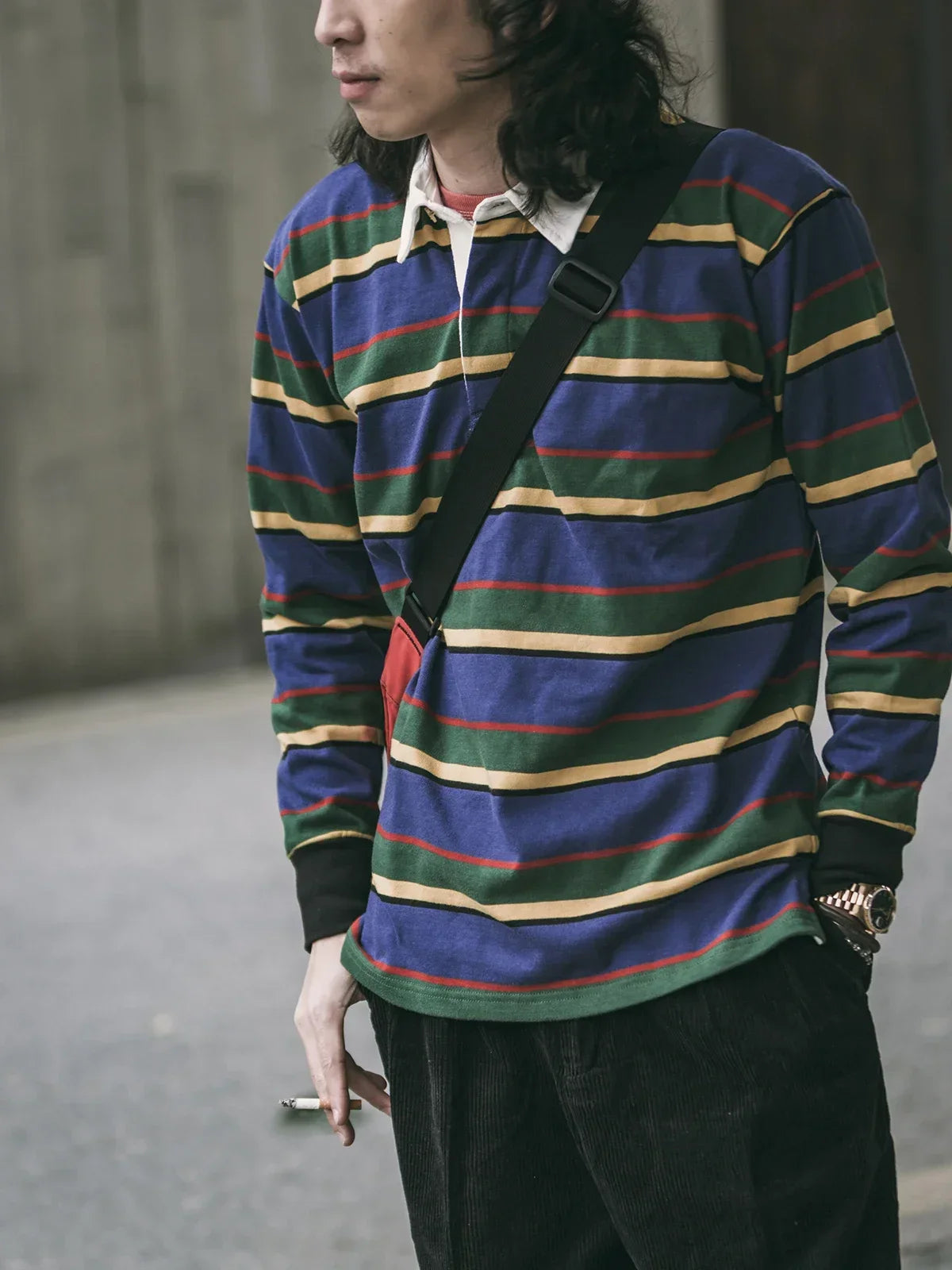 Classic Striped Polo Shirt Men's Preppy Long Sleeve Tee - VogeLuxe