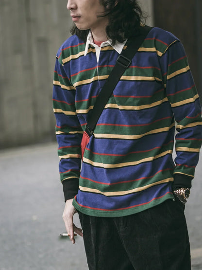 Classic Striped Polo Shirt Men's Preppy Long Sleeve Tee - VogeLuxe