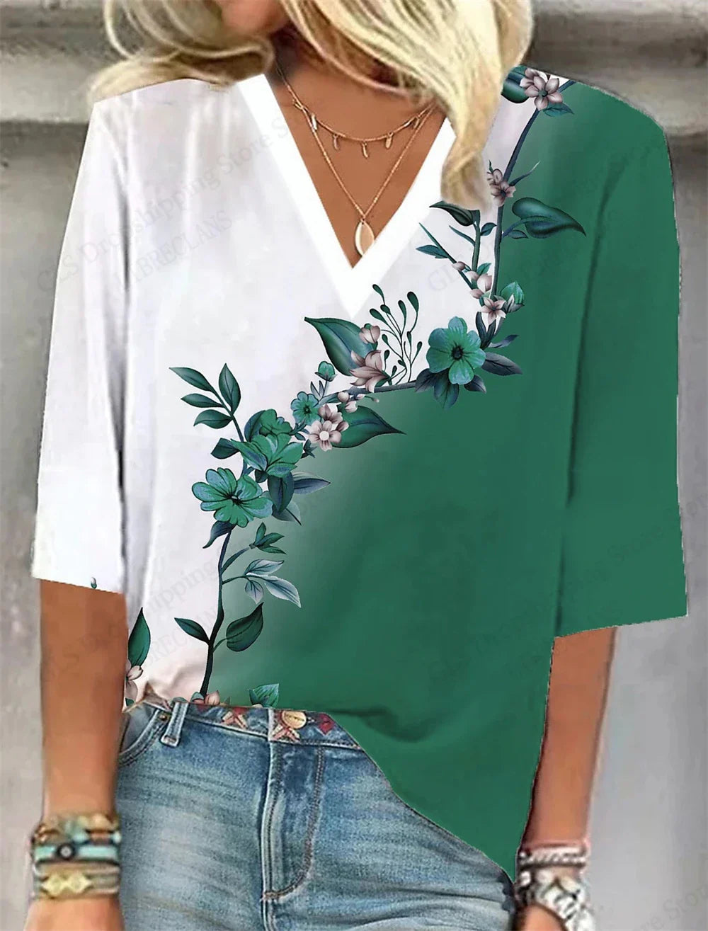 Relaxed Fit Floral V-Neck T-Shirt for Women