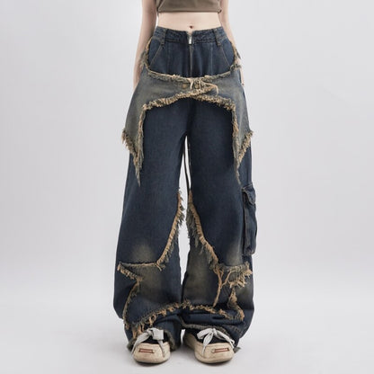 Comfortable Ladies Relaxed Fit Blue Jeans with Embroidered Stars - VogeLuxe