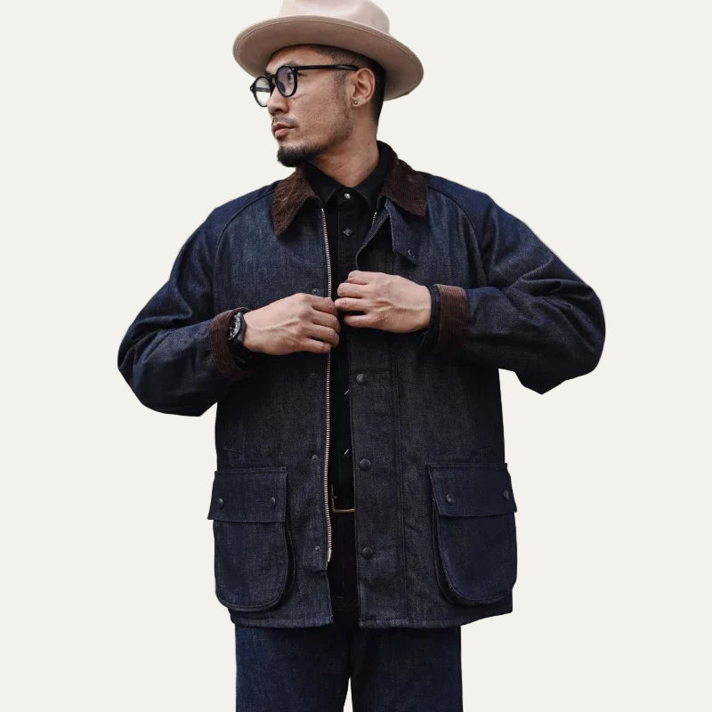 VogeLuxe | Men’s Utilitarian Denim Work Jacket with Corduroy Collar