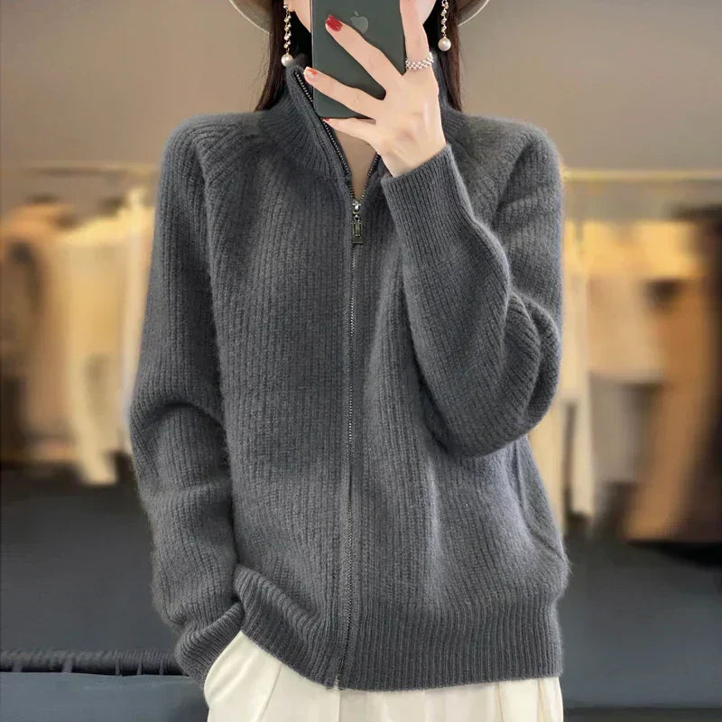 Soft 100% Wool Zip Up Women's Cardigan Sweater