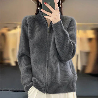Soft 100% Wool Zip Up Women's Cardigan Sweater