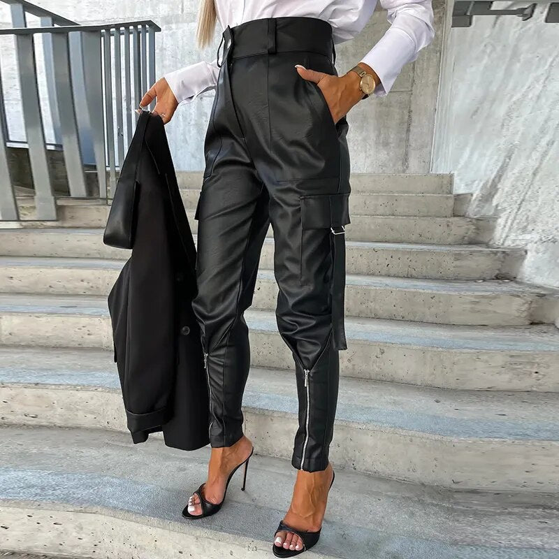 Comfortable Faux Leather Wide Leg Pants - VogeLuxe