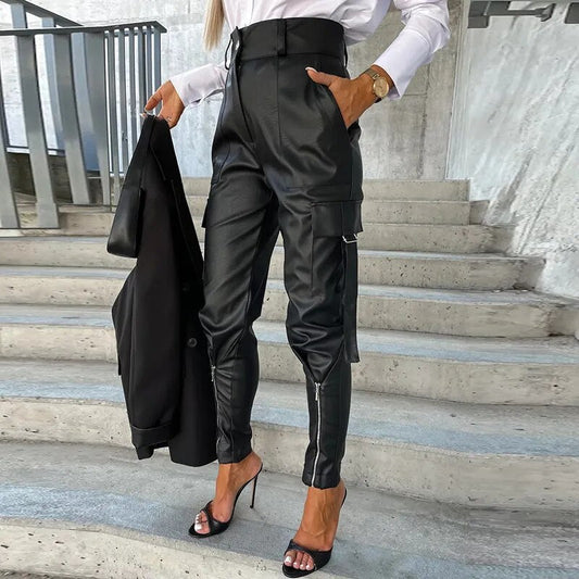 Comfortable Faux Leather Wide Leg Pants - VogeLuxe