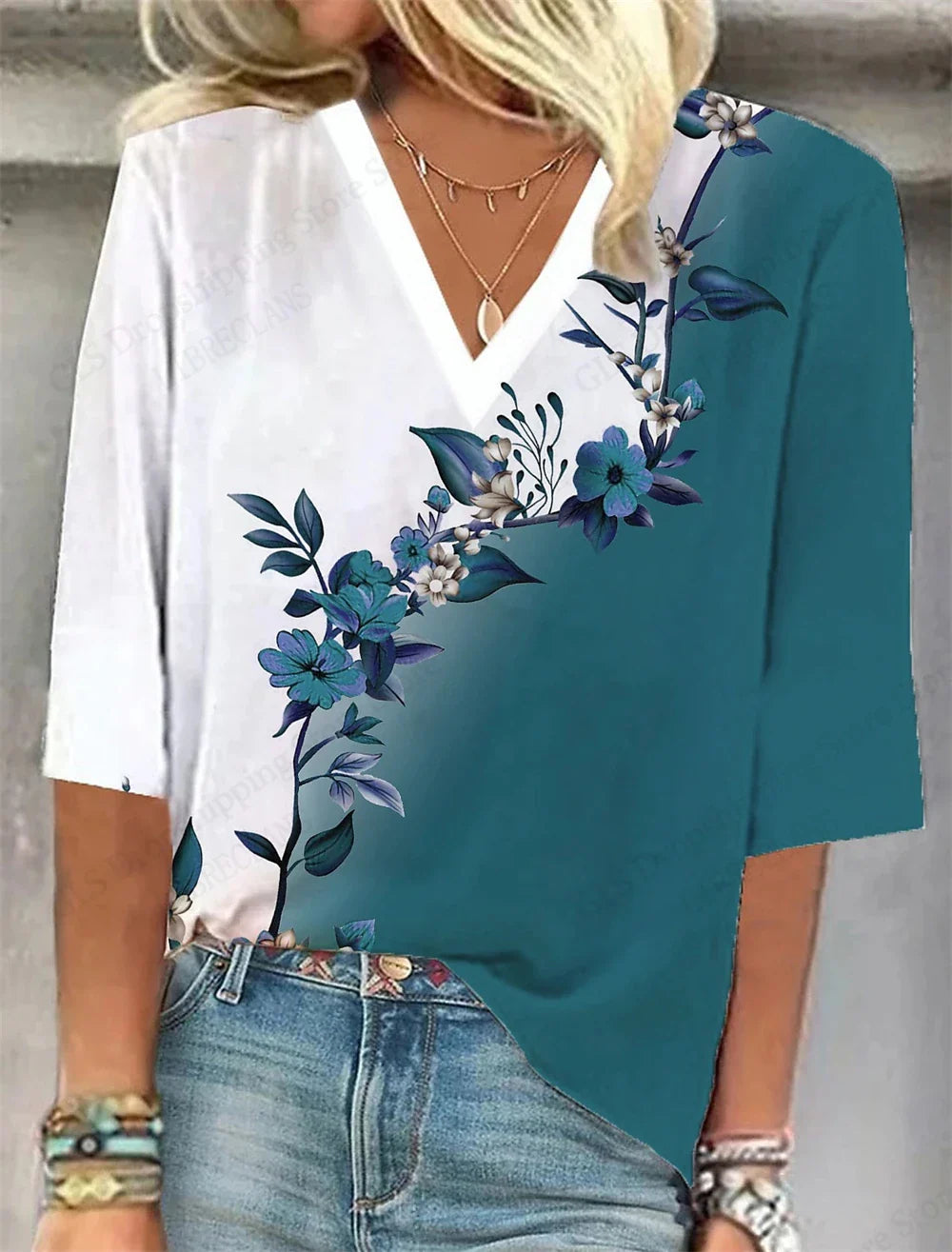Relaxed Fit Floral V-Neck T-Shirt for Women