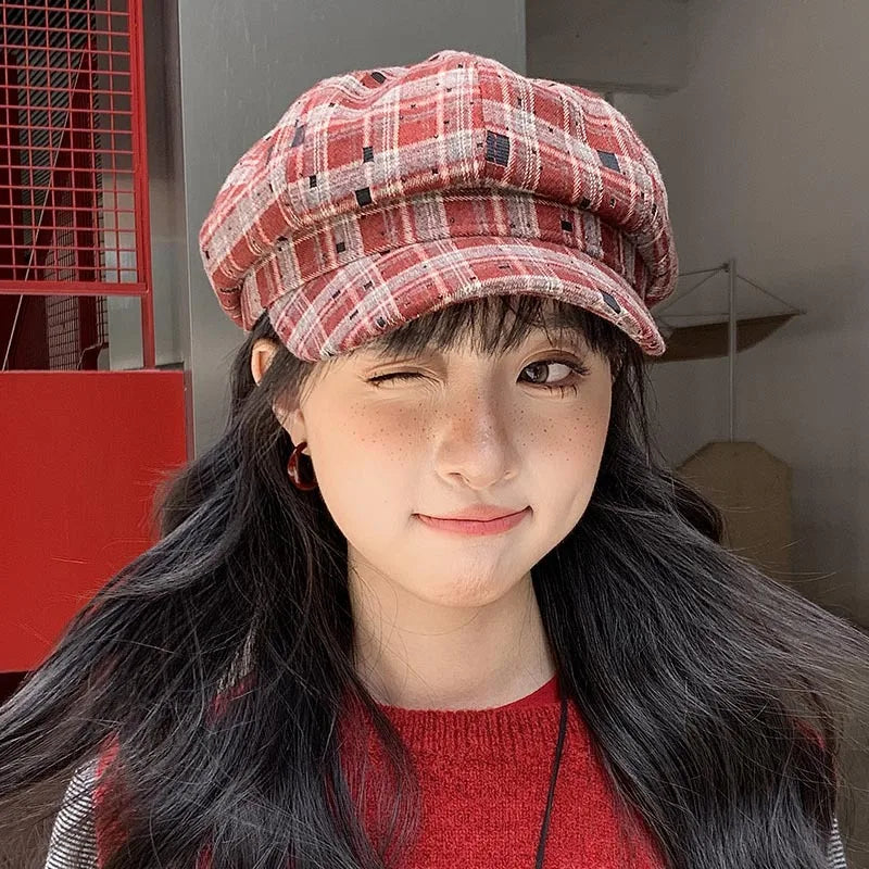 Classic Checked Winter Beret Hat for Ladies
