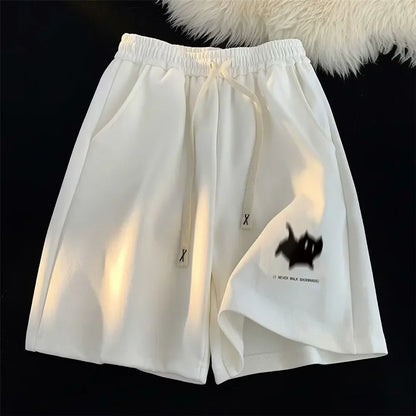 Retro Loose Fit Cat Print Shorts – Casual High Waist
