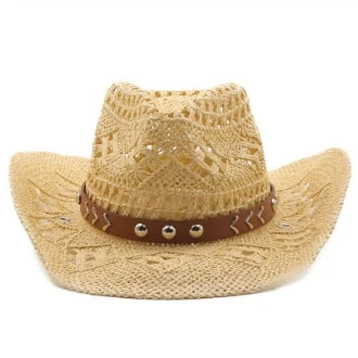 Rustic Natural Fiber Cowboy Hat - Brown Wooden Beads