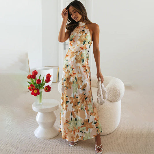 Women's Lightweight Floral Maxi Dress with High Neck - VogeLuxe