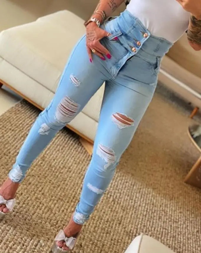 Slim Fit High Waist Distressed Women's Jeans