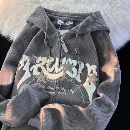 Trendy Ladies Zip Up Embroidered Hoodie – Large Streetwear - VogeLuxe