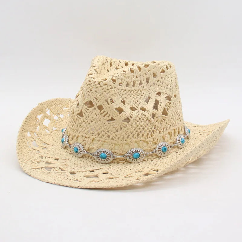 Rustic Natural Fiber Cowboy Hat - Brown Wooden Beads