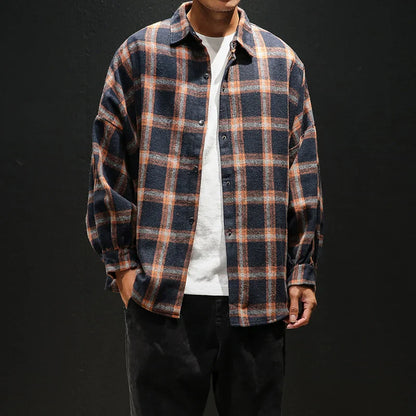 Big Plaid Flannel Shirt Men - Warm Casual Long Sleeve