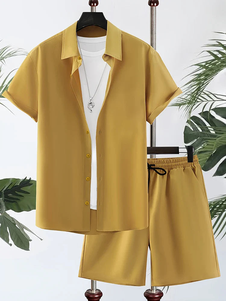Relaxed Fit Hawaiian Shirt and Shorts Set for Men