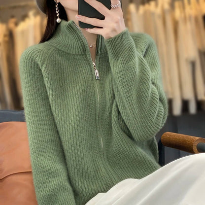 Soft 100% Wool Zip Up Women's Cardigan Sweater