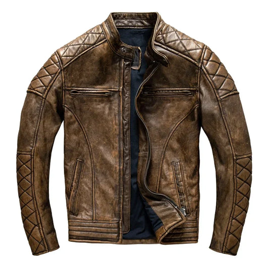 Classic Brown Leather Biker Jacket - Men's Motorcycle Coat - VogeLuxe