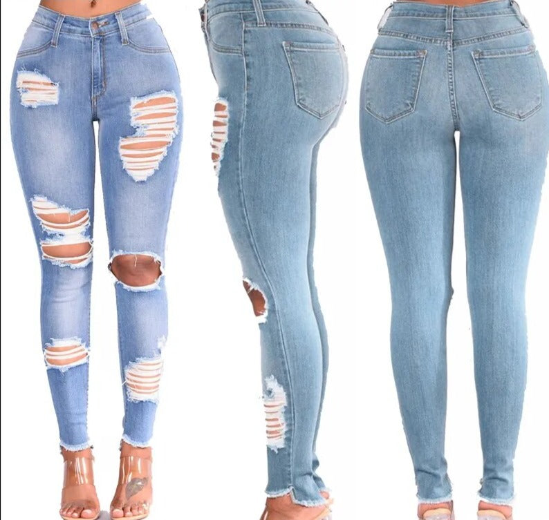 Fitted Distressed Women's Blue Jeans - VogeLuxe