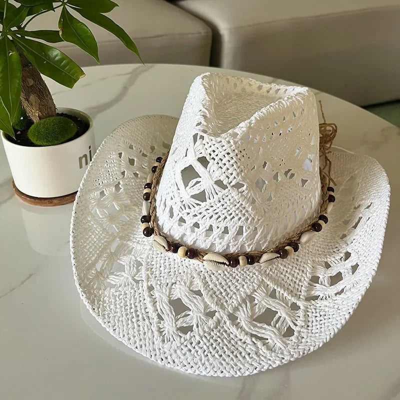 Rustic Summer Cowboy Hat with Wooden Beads