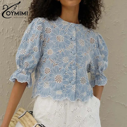 Pretty Navy Blue Cotton Blouse for Women