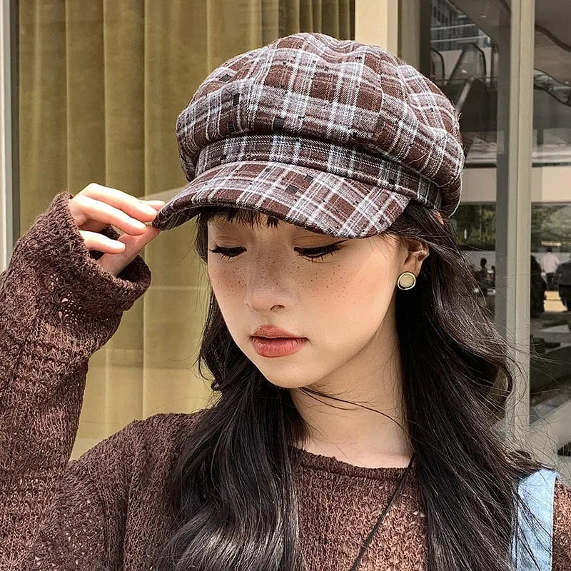 Classic Checked Winter Beret Hat for Ladies