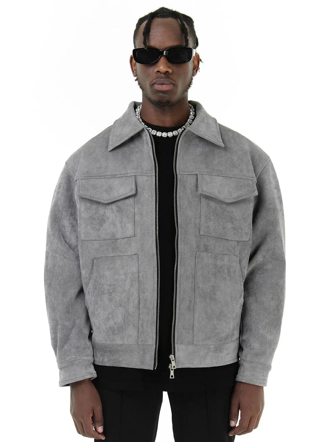 Luxury Suede Cargo Jacket - Grey Urban Fashion