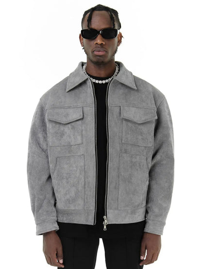 Luxury Suede Cargo Jacket - Grey Urban Fashion