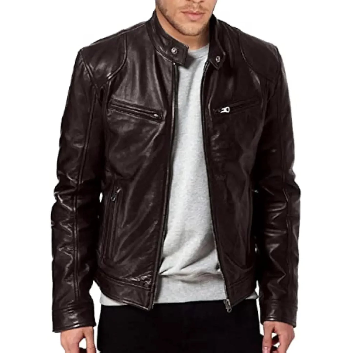 Fitted Leather Biker Jacket – Men's Winter Moto Coat