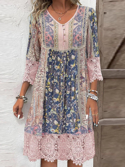 Elegant V-Neck Lace Midi Floral Dress