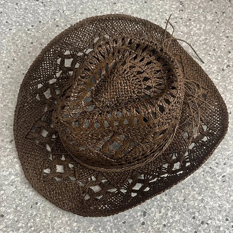 Rustic Natural Fiber Cowboy Hat - Brown Wooden Beads