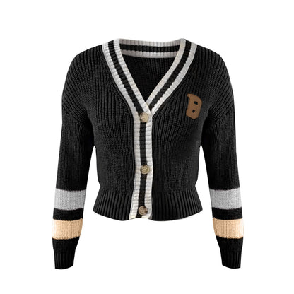 Warm Women's V-neck Striped Knit Cardigan Sweater