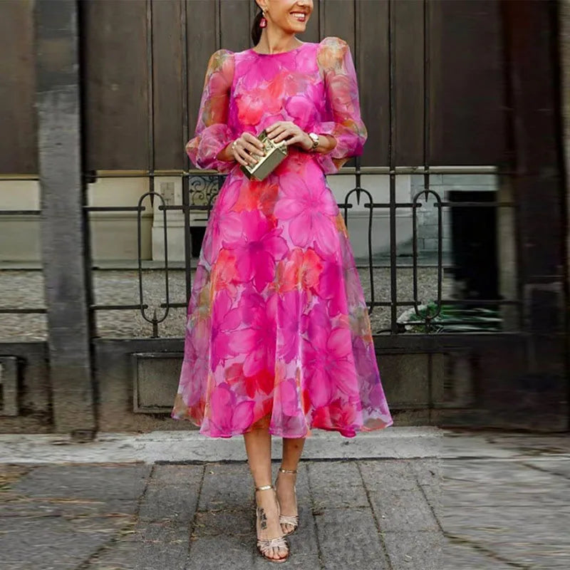 Beautiful Floral Midi Dress for Ladies, Pastel Pink Blue - VogeLuxe