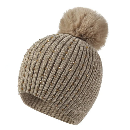 Sparkly Beaded Winter Pom Pom Hat