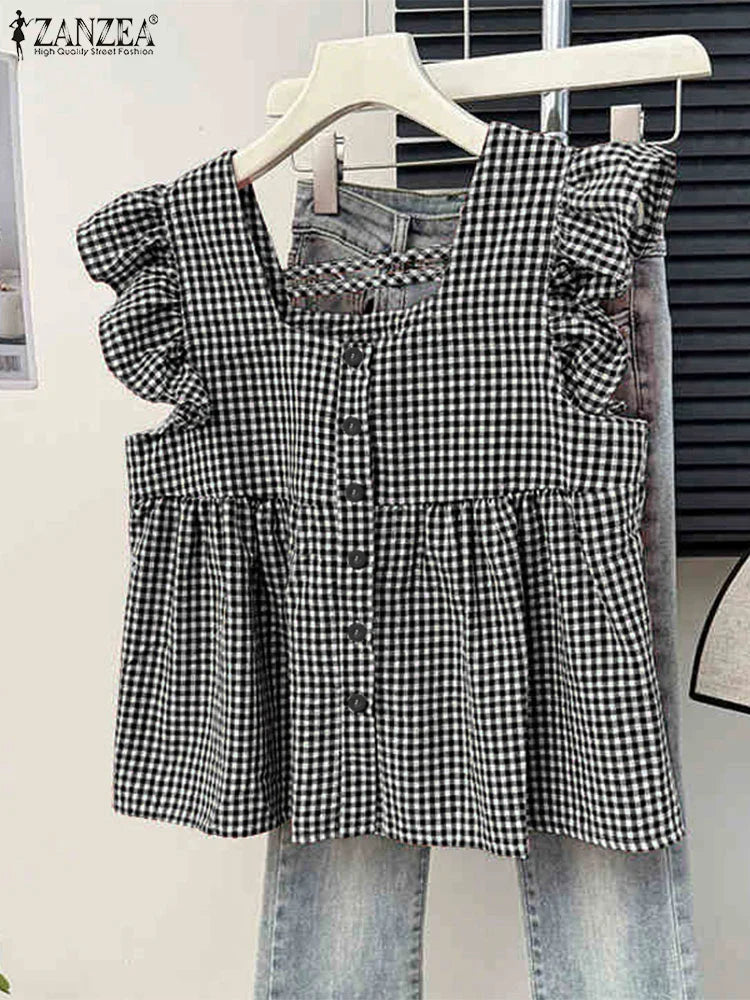 Classic Check Off Shoulder Women's Summer Top - VogeLuxe