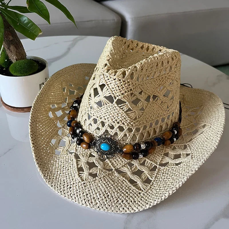 Rustic Natural Fiber Cowboy Hat - Brown Wooden Beads