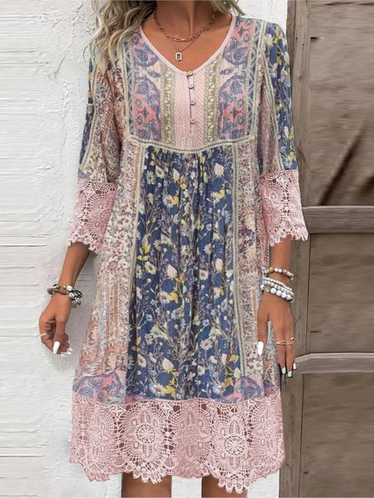 Elegant V-Neck Lace Midi Floral Dress - VogeLuxe