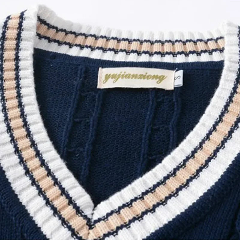 VogeLuxe | Men’s Preppy Cable Knit Sleeveless V Neck Sweater Vest