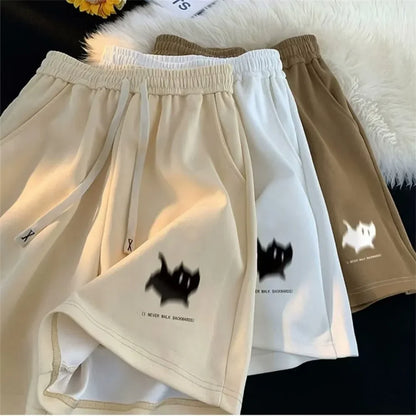 Retro Loose Fit Cat Print Shorts – Casual High Waist - VogeLuxe